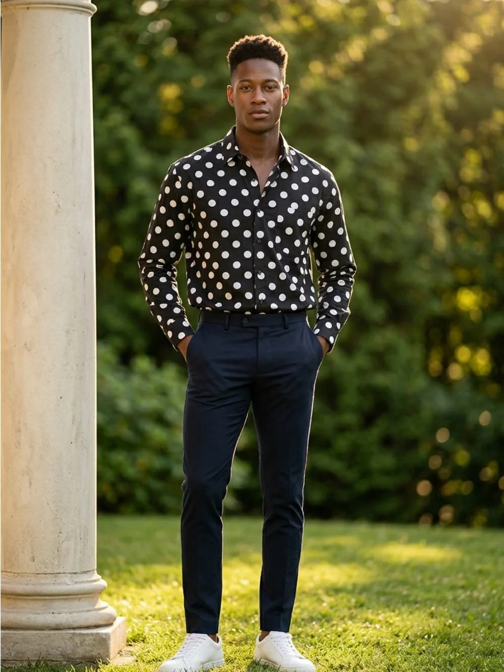 🚘 new 🆕 Men's Black Polka Dot Button-Up Shirt - Classic Style size 18-18.5 34-35
